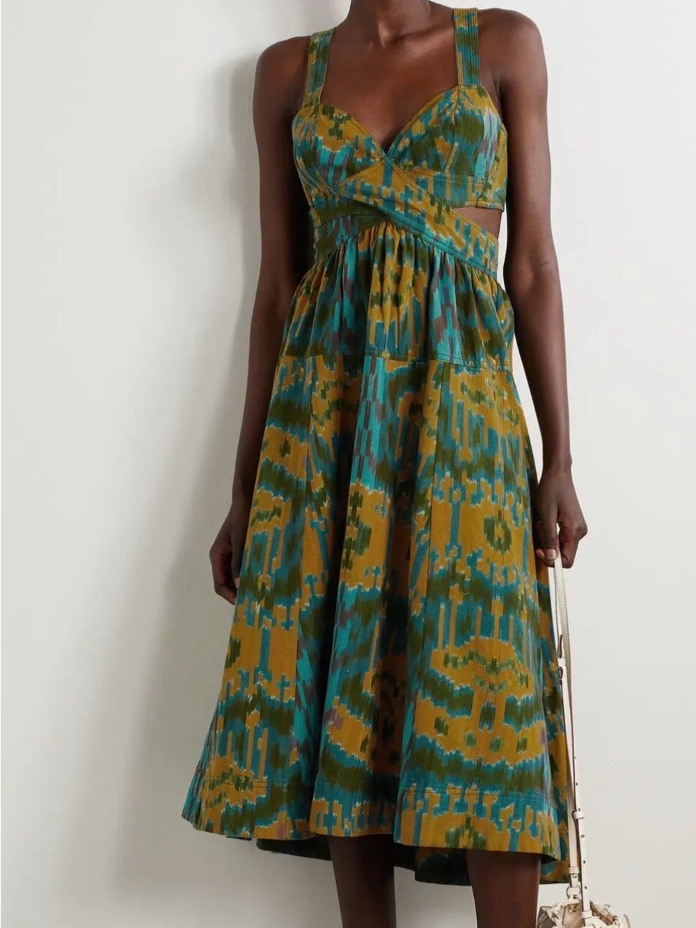ULLA JOHNSON Teal and Olive Ikat Printed Dress Small